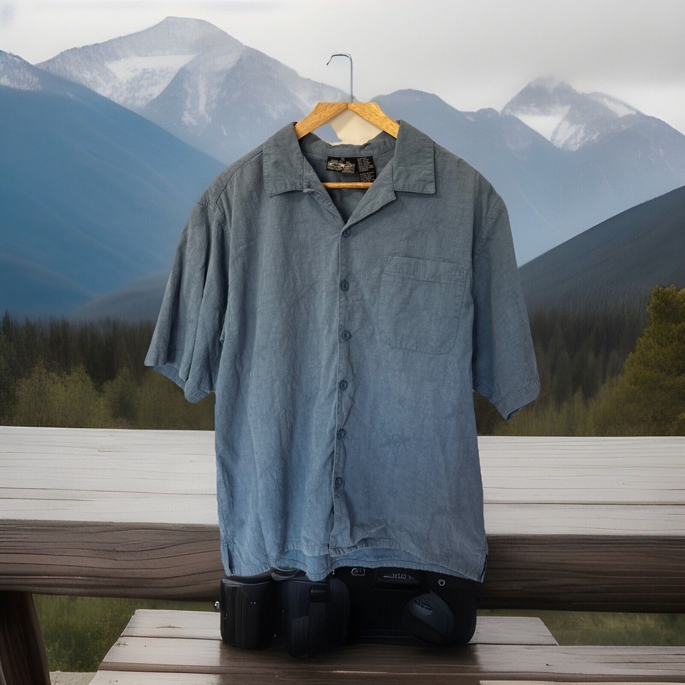 OP Sport Men's Short‎ Sleeve Button Up Hawaiian Cotton Blend Shirt Blue Medium